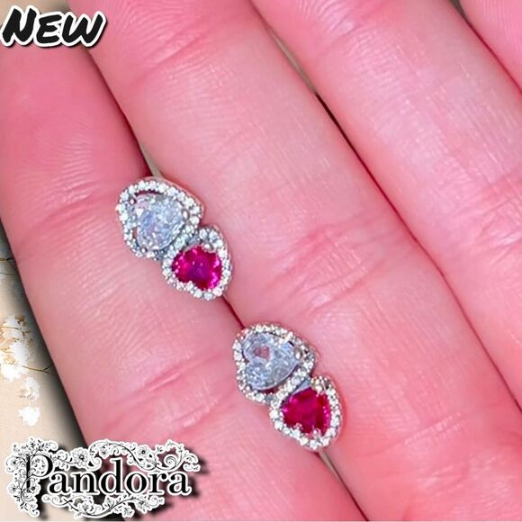 New Pandora Sterling Silver Halo Hearts Stud Earrings with Dust Bag - Picture 4 of 10